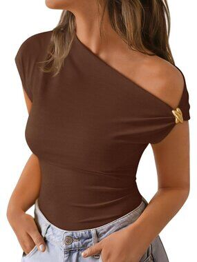 👑 Women's Brown Off Shoulder Ruched Asymmetrical Sexy Cap Sleeve Blouses Tops